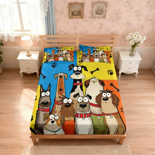 Cute Cartoon Dog Printed Chipless Bed Sheet Set
