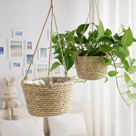 Straw Hanging Basket Planter